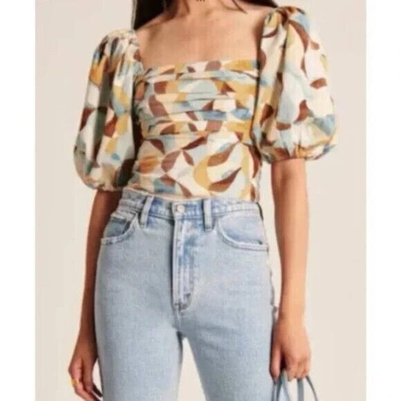 Abercrombie & Fitch Tops - Abercrombie & Fitch Puff Sleeve Square‎ Neck Funky Print Top Size XS